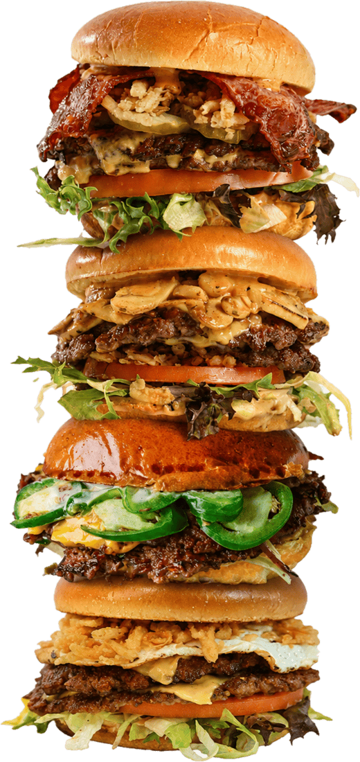 A towering stack of Nash & Smashed smashed burgers